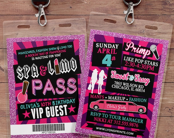 Spa party, primping, Pop star, Rock Star VIP pass birthday party invitation- primp, rockstar party, pop star, karaoke party, Digital files