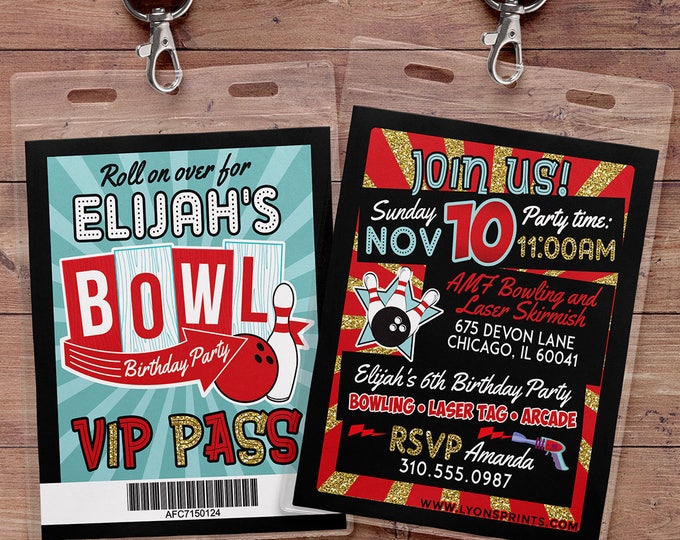 Bowling Invitation - Bowling Birthday Party Invite - Boy Bowling, girl bowling, VIP pass, retro bowling, bowling, Strike