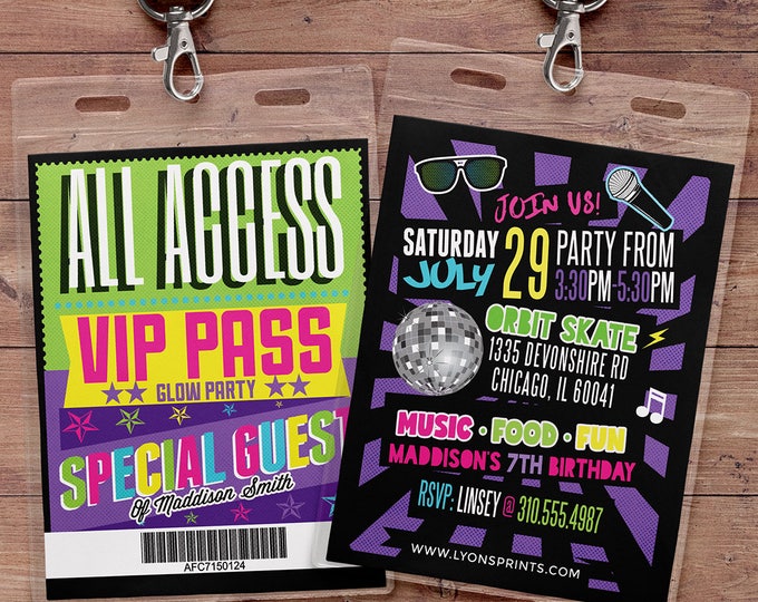 Retro, neon, VIP PASS, backstage pass, Vip invitation, birthday invitation, pop star,  lanyard, Glow party, skate party, 90s party