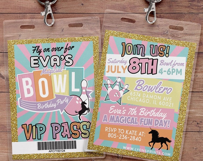 Bowling Invitation - Bowling Birthday Party Invite - Boy Bowling, girl bowling, VIP pass, retro bowling, bowling, Strike, Unicorn party