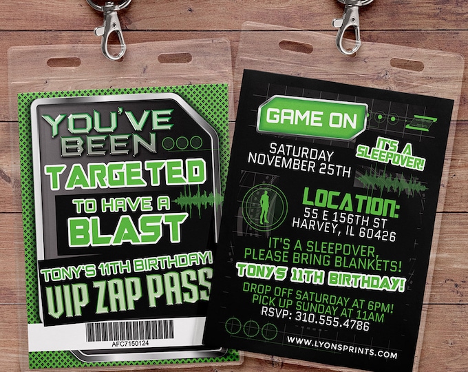 Laser tag invitation, VIP pass birthday invitations for laser tag party, Boy's birthday party invitation, laser gun, arcade invite