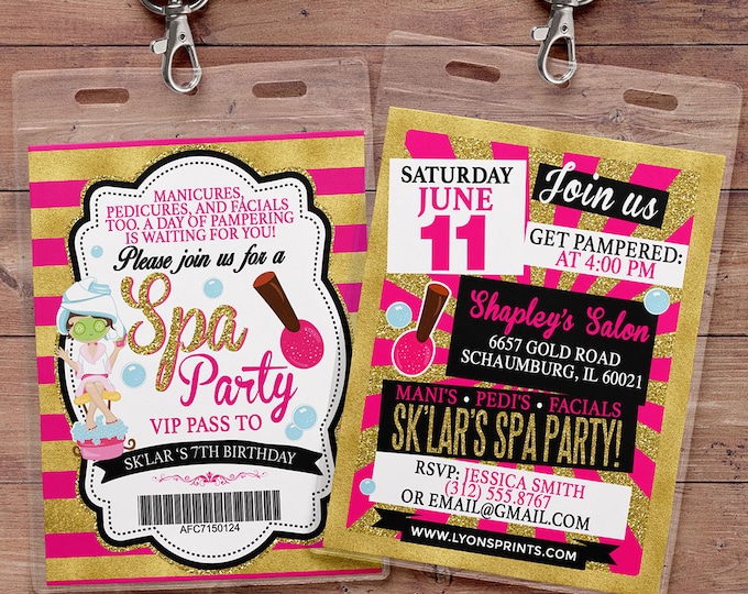 Spa party invitation, VIP PASS, backstage pass, Vip invitation, birthday invitation, pop star,  lanyard, Rock Star birthday, nail polish