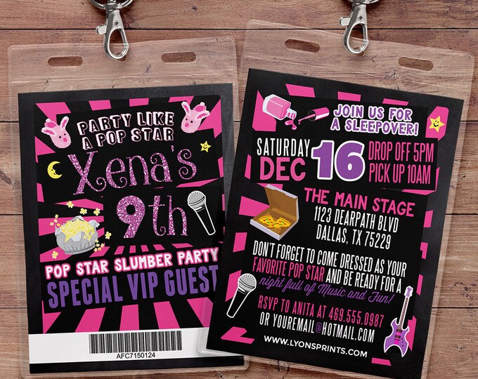 Pop star sleepover, VIP pass, slumber party invitation, Pajama Party, sleepover invitation, spa sleepover, sleepover party, girl party