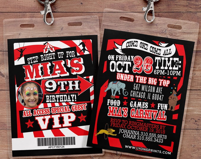 Circus, Carnival, Vintage, VIP PASS, backstage pass, birthday invitation, wedding, baby shower, bridal shower invite, party favor, lanyard