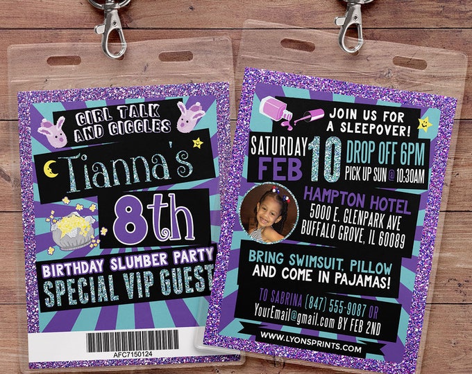 VIP pass, slumber party invitation, Pajama Party, sleepover invitation, spa sleepover invitation, sleepover party invitation, girl party