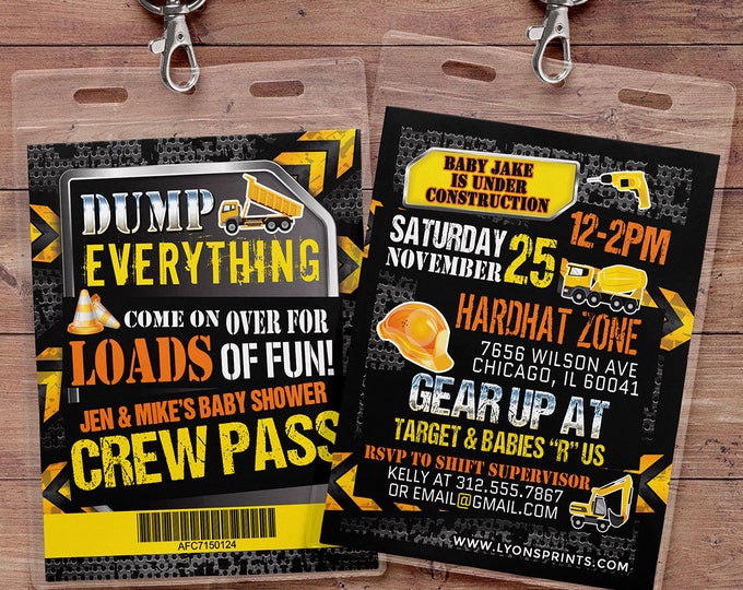 Under Construction Baby Shower invitation, Construction Invitation, Dump Truck, Tools Invitation, Crew pass, VIP pass