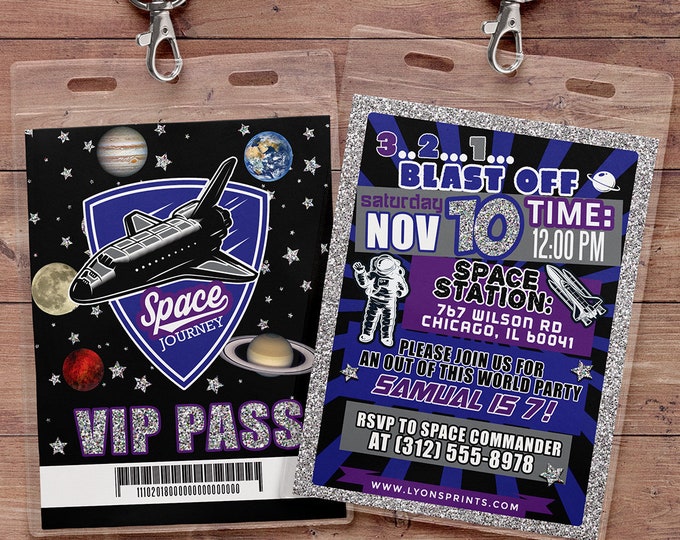 VIP pass, Outer Space Invitation, Solar System Invitation, Solar System Birthday Party Invitation, Planet Invitation, Invite, rocket ship,
