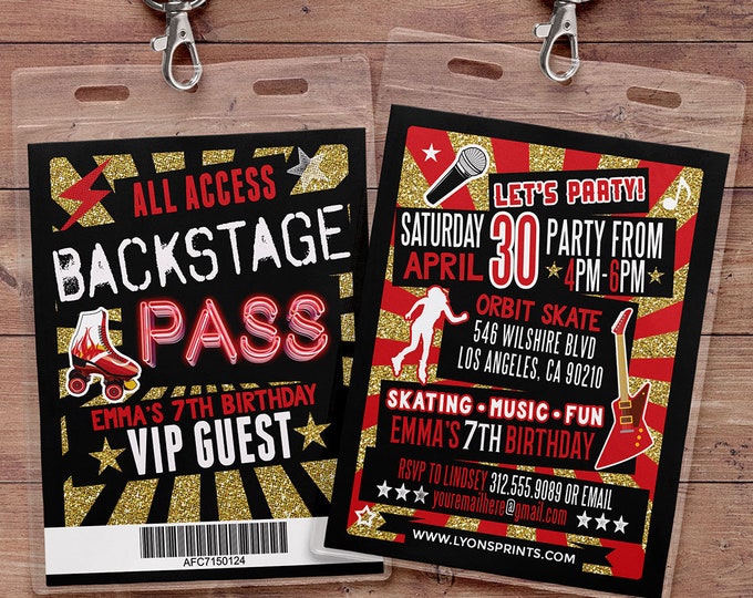 Retro, neon, VIP PASS, backstage pass, Vip invitation, birthday invitation, pop star, roller-skate party VIP, 80s, 90s, throwback party