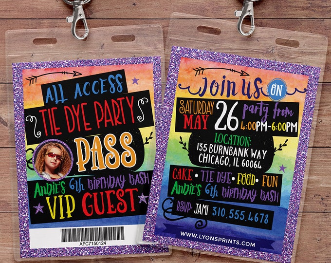 Tie Dye, Art party, Slumber party, VIP PASS, backstage pass, Vip invitation, birthday invitation, Bat Mitzvah, painting party, paint party