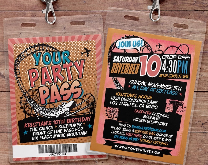 Amusement Park party, Super Hero party invitation, birthday invitations, roller coaster invite, theme park invite, VIP pass