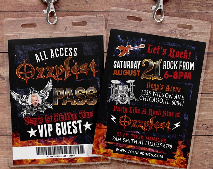 VIP pass, backstage pass, concert ticket, birthday invitation, Any age, 40th, 30th, 21st, 50th, party favor, lanyard, rock star, heavy metal