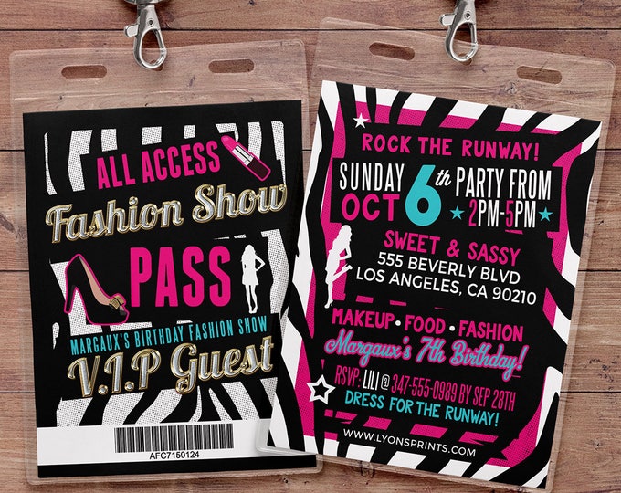 Rock the Runway, ticket birthday party invitation- popstar invitation-  rockstar party, fashion birthday, zebra print, high fashion, runway