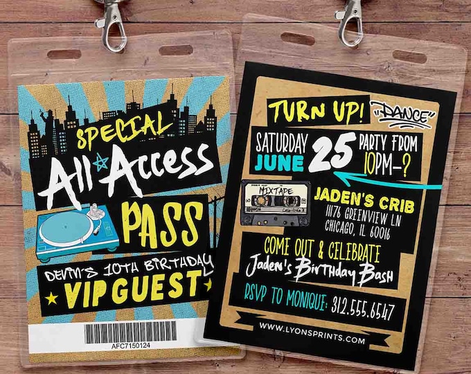 Hip Hop, Swagger, VIP PASS, backstage pass, Vip invitation, birthday invitation, pop star, lanyard, Rock Star birthday, DJ, Turn table