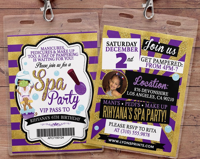 Spa party invitation, VIP PASS, backstage pass, Vip invitation, birthday invitation, pop star,  lanyard, Rock Star birthday, nail polish