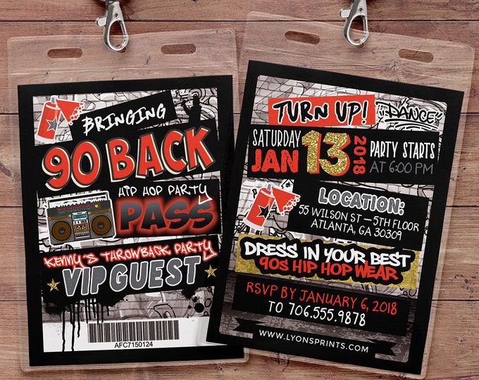 Hip Hop, throwback, VIP PASS, backstage pass, Vip invitation, birthday invitation, pop star, Graffiti, birthday, 80s party, 90's party