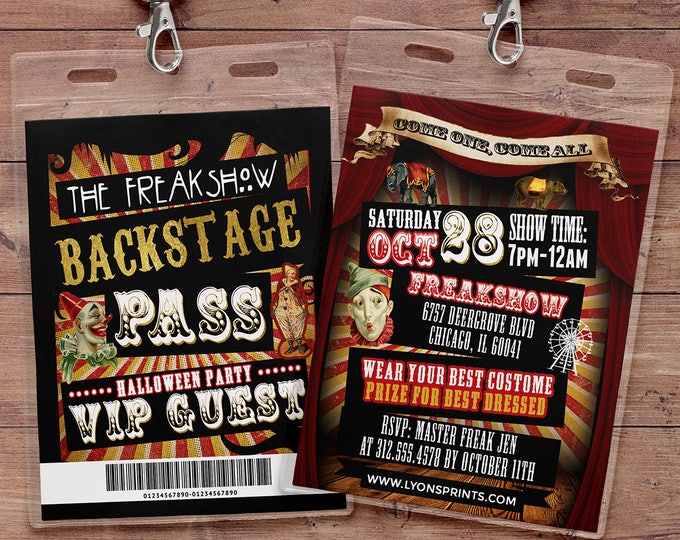 Carnival, Freak show, Halloween invite, Halloween party, Halloween invitation, Halloween, circus, vintage circus, carnival, VIP pass