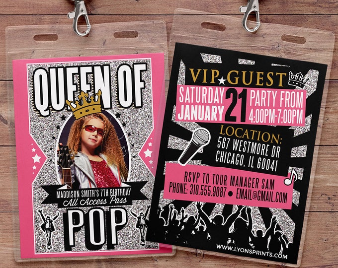 Queen of pop, Hip Hop, VIP PASS, backstage pass, Vip invitation, birthday invitation, pop star, lanyard, Rock Star birthday, Popstar