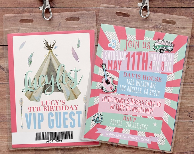 Teepee Birthday Invitation, ticket invitation, pow wow, Tribal, first birthday, 1st birthday, VIP pass, music festival, rock star, pop star