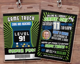 May include: A black and green invitation with a video game theme. The invitation says "Game On!" and has a picture of a boy. The text says "Saturday February 11th, Party Time: 7:00-9:00 PM, Cade's House, 5555 Devonshire Rd, Buffalo Grove, IL 60089, Wear VIP Pass to Enter Game Truck, RSVP: Amy Cell # @ 310.555.9870, www.lyonsprints.com".