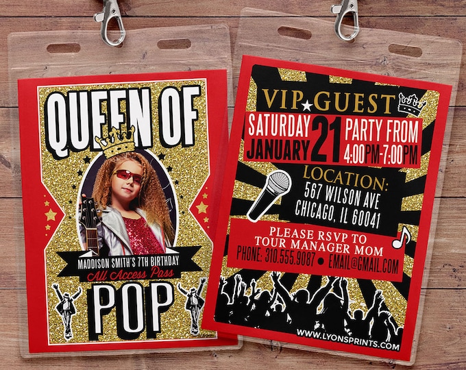 Queen of pop, Hip Hop, VIP PASS, backstage pass, Vip invitation, birthday invitation, pop star, lanyard, Rock Star birthday, Popstar