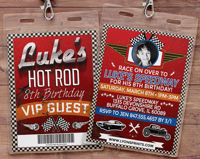 Retro Race Car Invitation, Vintage Race Car Invite, Race Car Birthday, VIP pass, hot rod, boy birthday, car invitation, motorcycle