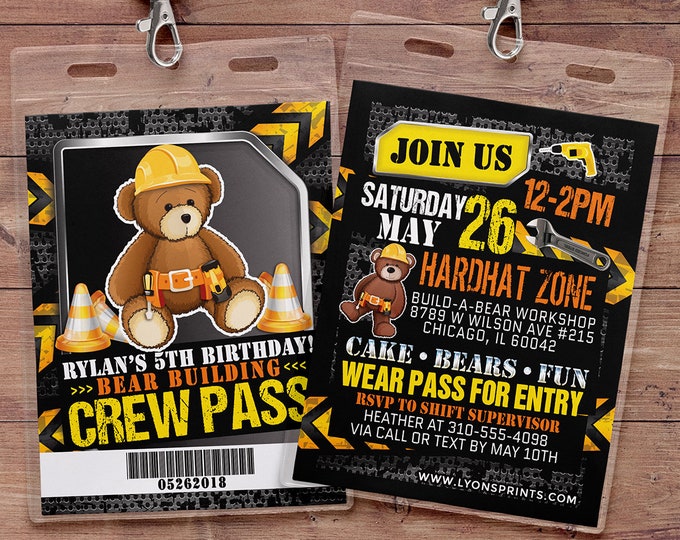 Build Bear Birthday Party Invitation, Teddy, boy birthday, construction party, construction, build bear birthday,  teddybear