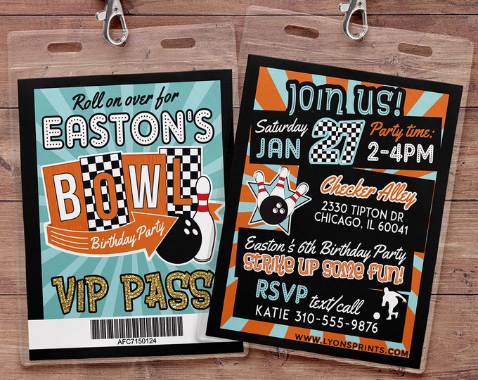 Bowling Invitation, Bowling Birthday Party Invite, bowling and laser tag, VIP pass, retro bowling, bowling, Strike