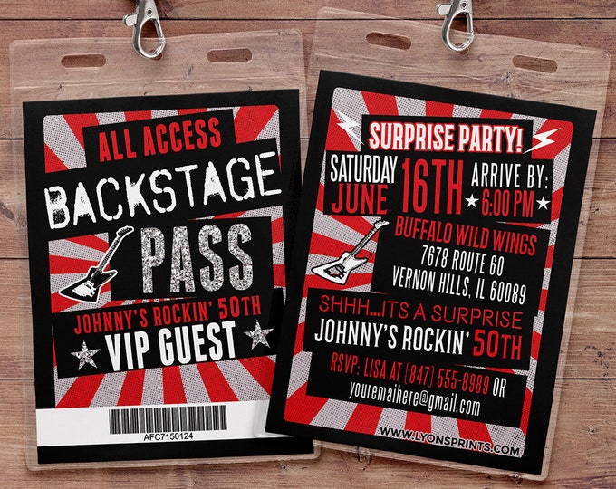 VIP PASS, backstage pass, Rockstar invite, birthday invitation, 40th, 30th, 21st, 50th, party favor, lanyard, Rockstar