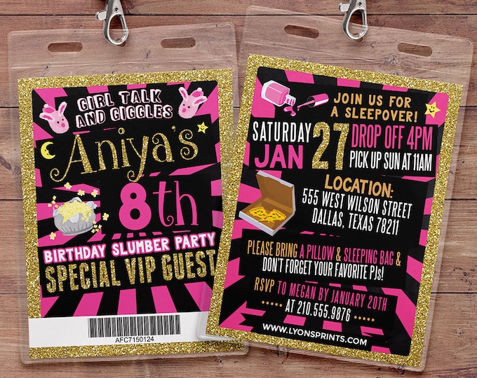 VIP pass, slumber party invitation, Pajama Party, sleepover invitation, spa sleepover invitation, sleepover party invitation, girl party