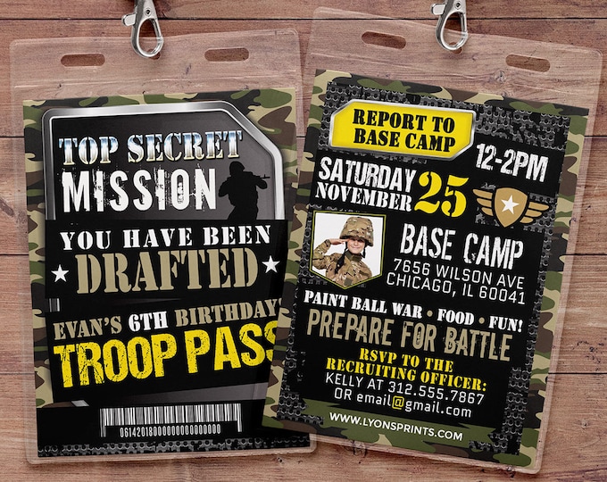 Army Invitation, toy gun invitation, paintball invitation, Army Camo Birthday Invitation, Military Party Boot Camp, Camouflage Invite