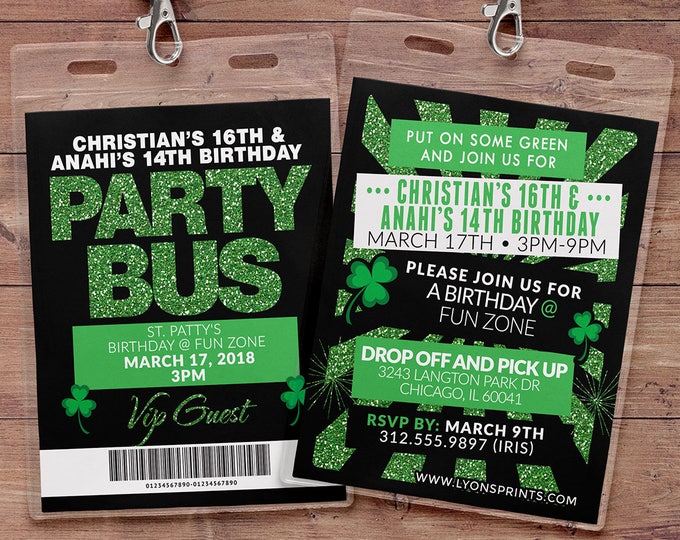 VIP PASS, Party Bus, Limo pass, Birthday invitation, St. Patrick's Day, St. Patty's Day, Invitation, Pub Crawl,  backstage pass, Irish,