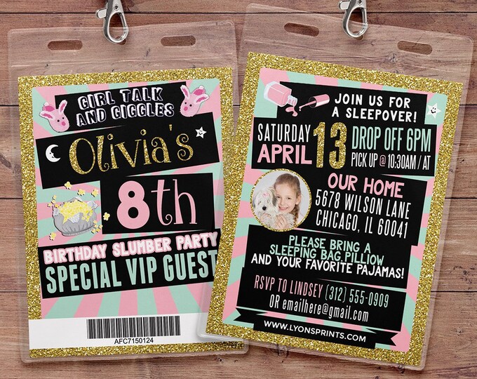 VIP pass, slumber party invitation, Pajama Party, sleepover invitation, spa sleepover invitation, sleepover party invitation, girl party