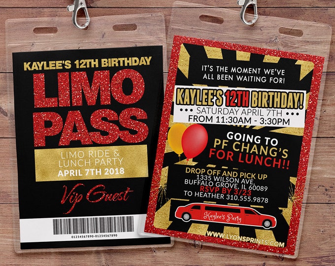 VIP PASS, Limo pass, Birthday party, 21st birthday, backstage pass, cocktail party, birthday invitation, wedding, bachelor, party bus