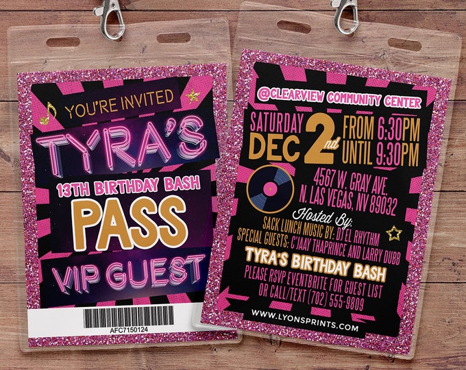 Retro, neon, VIP PASS, backstage pass, Vip invitation, birthday invitation, pop star, bridal shower invite,  lanyard, Rock Star birthday,