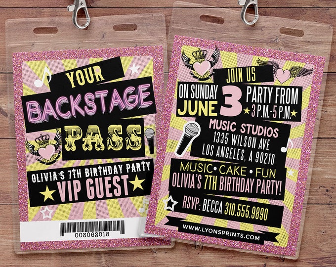 Retro, neon, VIP PASS, backstage pass, Vip invitation, birthday invitation, pop star, bridal shower invite,  lanyard, Rock Star birthday,