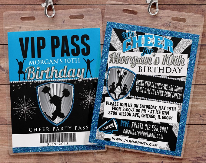 Cheerleading invitation, VIP PASS, Cheerleading, Cheerleading birthday, backstage pass, birthday invitation, glitter, pom pom, cheer