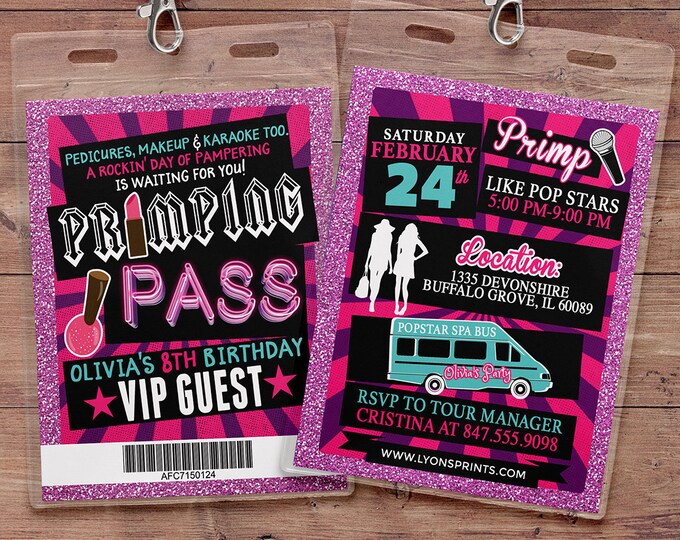 Spa party, primping, Pop star, Rock Star VIP pass birthday party invitation- primp, rockstar party, pop star, karaoke party, girl birthday