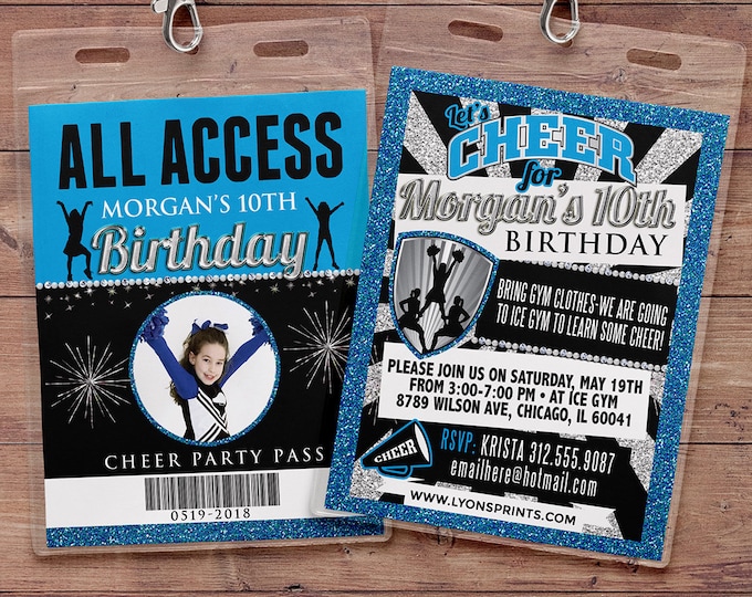 Cheerleading invitation, VIP PASS, Cheerleading, Cheerleading birthday, backstage pass, birthday invitation, glitter, pom pom, cheer