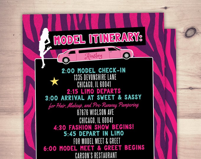 Itinerary, Limo party, Rock the Runway, Limo, sleepover birthday party, pop star, rockstar party, fashion birthday, zebra print, Spa party