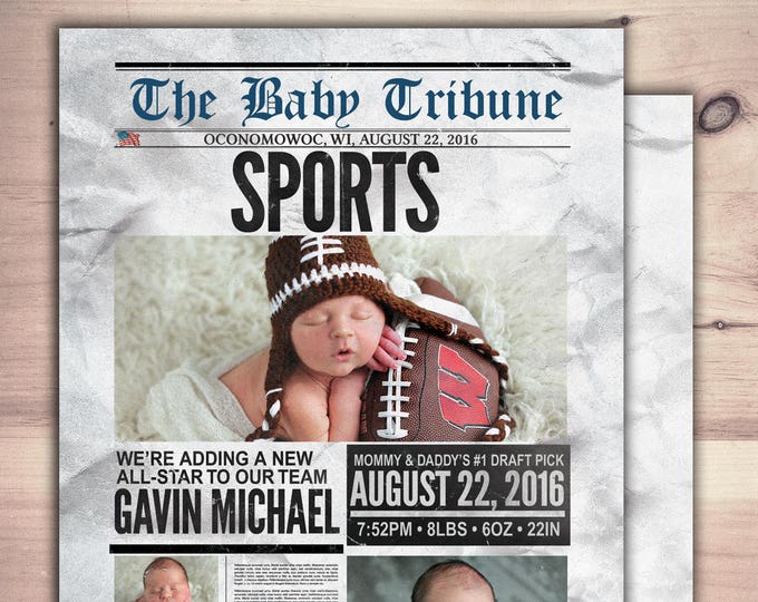 NEWSPAPER pregnancy announcement, birth announcement, baby boy, sports, football, baby shower, baseball, invitation