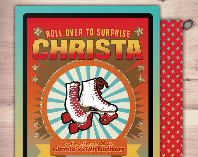 Vintage, roller skating, birthday invitation, Retro, neon,  pop star, roller-skate party VIP, 80's, 70's, 60's, retro