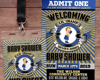 Op de afbeelding: Een blauwe en gouden VIP-gastkaart met een barcode en de tekst "VIP Guest" en "Lil' Champ Baby Shower". De kaart is bevestigd aan een zwart koord.