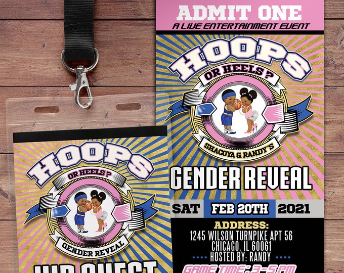 Hoops or heels  Invitation, Digital file only, Basketball or Bows Gender Reveal Invitation, Basketball or Bows baby shower, VIP pass