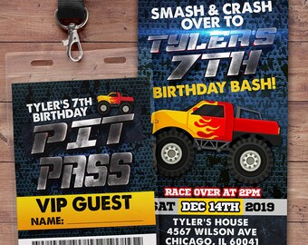 May include: A VIP pit pass for Tyler's 7th birthday bash. The pass is yellow and black with a monster truck graphic. The text on the pass reads "Smash & Crash Over to Tyler's 7th Birthday Bash!" and "Race Over at 2 PM Sat Dec 14th 2019".