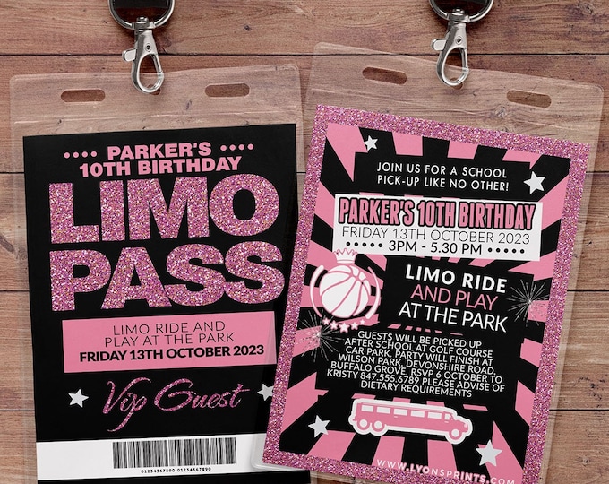 VIP pass invite, Limo pass, Birthday party, party bus, backstage pass, cocktail party, birthday invitation, wedding, bachelor, party bus