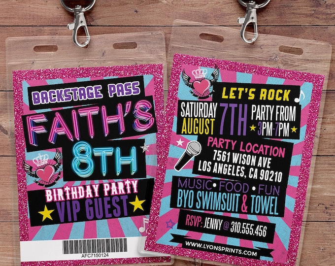 Disco, Retro, neon, VIP PASS, backstage pass, Vip invitation, birthday invitation, pop star, bridal shower invite, Rock Star birthday,