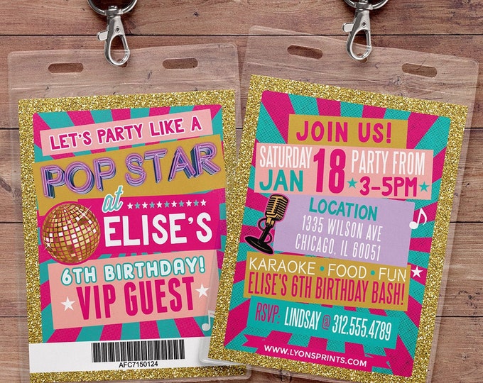 Retro, neon, VIP PASS, backstage pass, Vip invitation, birthday invitation, pop star, Rock Star birthday, Digital files