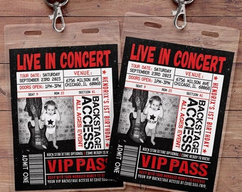 May include: A black and red VIP pass with a photo of a baby dressed as a rock star holding a guitar. The pass says "Backstage Access" and "Hendrix's 1st Birthday".