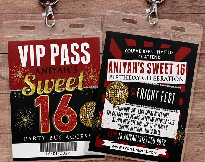 VIP PASS, Sweet 16, 21st birthday, backstage pass, birthday invitation, wedding, baby shower, bachelorette party, party favor, party bus