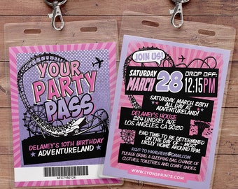 Amusement Park party, Super Hero party invitation, birthday invitations, roller coaster invite, theme park invite, VIP pass